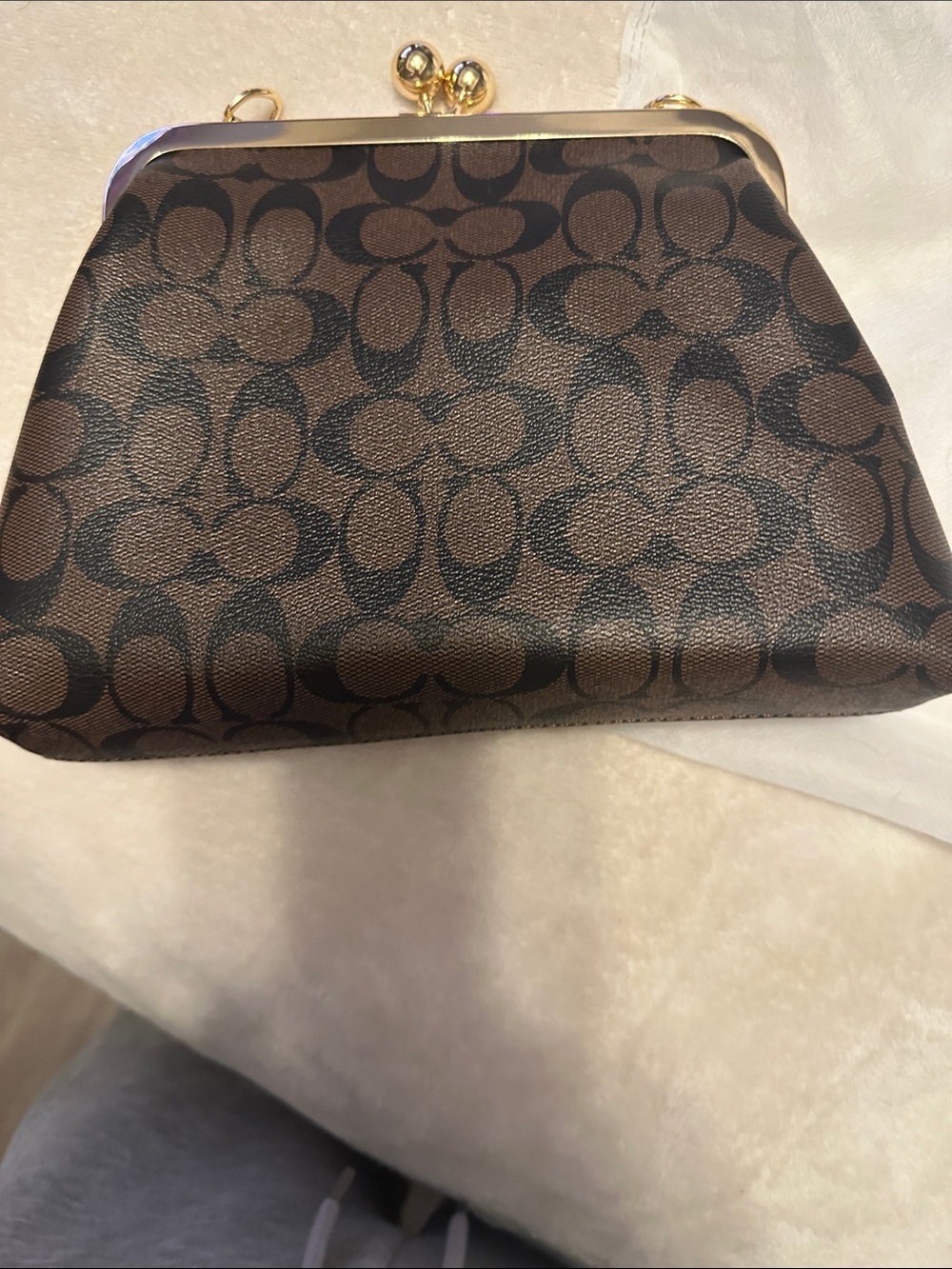 Coach Brown and Dark Brown Signature Kiss-Lock Clutch